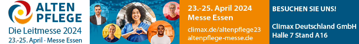 Banner der Altenpflege Messe in Essen mit den Daten und dem Standort von Climax